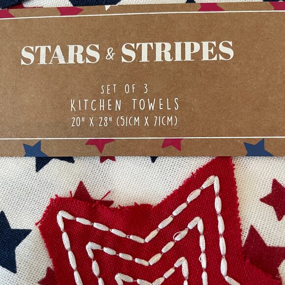STARS & STRIPES Set of 3 USA Pom Pom 100% Cotton Kitchen Tea Towels 20x28 NEW - Picture 5 of 12